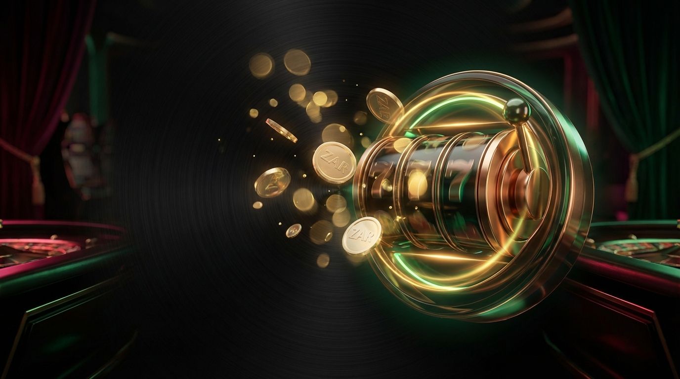 Golden coins and Rand symbol emerging from slot reels on dark background
