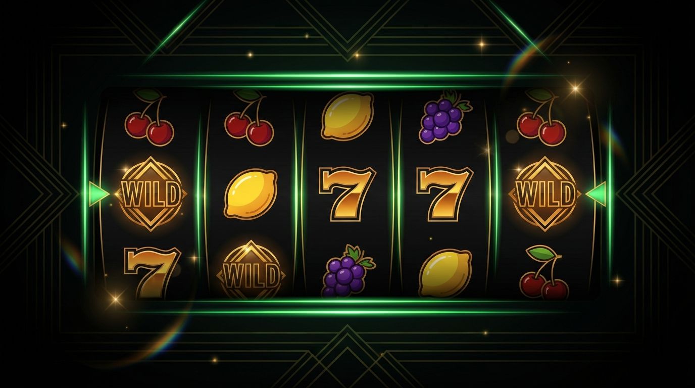 Abstract slot machine reels with golden symbols and green casino lighting